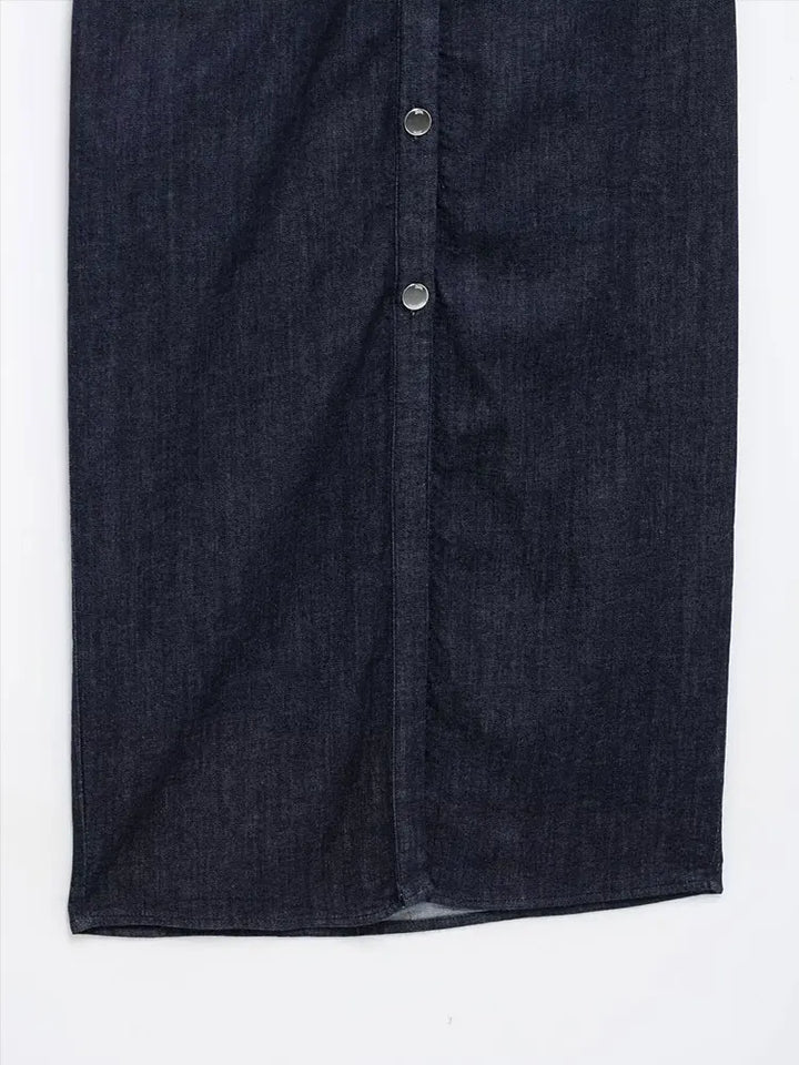 Women's denim midi dress with button placket and waist belt – casual-chic summer dress