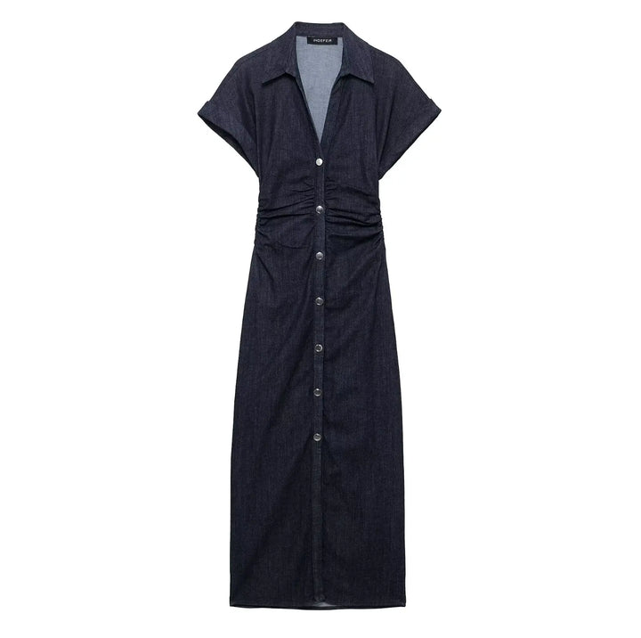 Women's denim midi dress with button placket and waist belt – casual-chic summer dress