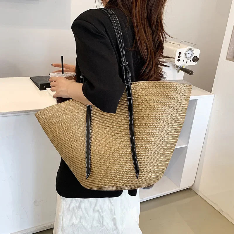 Luxury Boho Straw Bag Women – Handmade Beach Bag with Vegan Leather