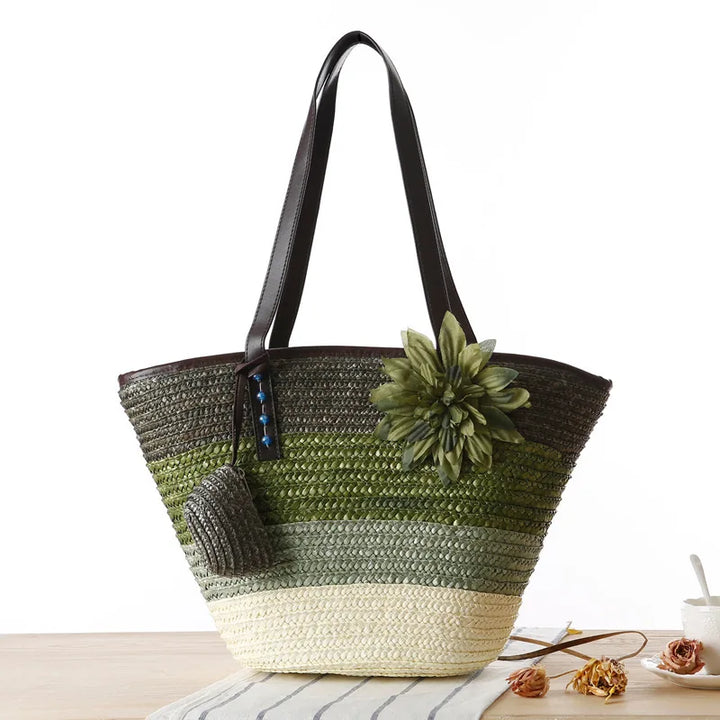 Grande sac en paille pour femmes – Sac de plage fait à la main avec des poignées en cuir vegan