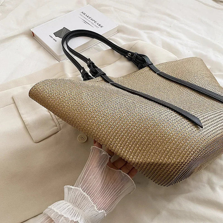 Luxury Boho Straw Bag Women – Handmade Beach Bag with Vegan Leather