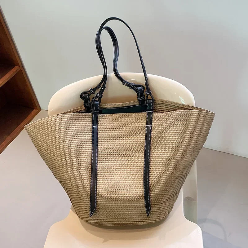 Luxury Boho Straw Bag Women – Handmade Beach Bag with Vegan Leather