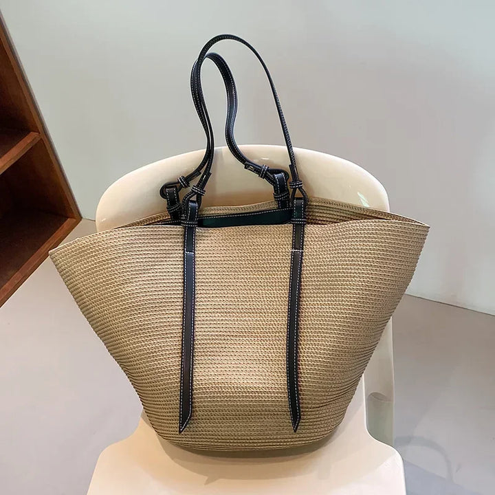 Luxury Boho Straw Bag Women – Handmade Beach Bag with Vegan Leather