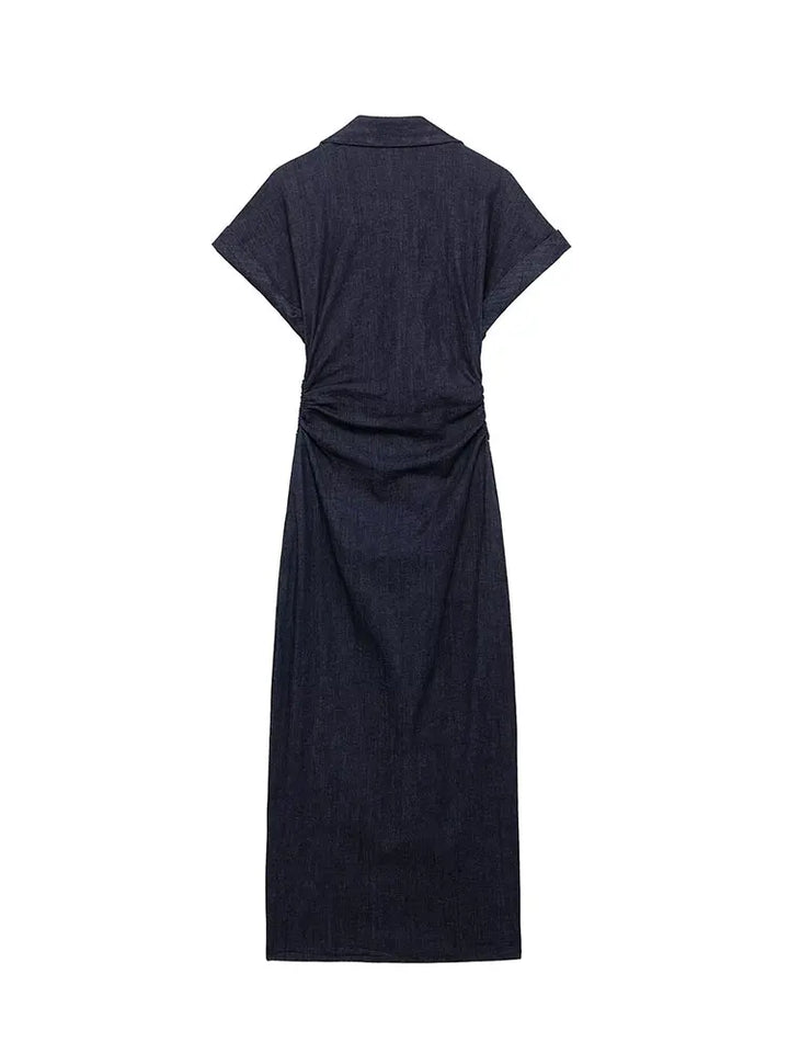 Women's denim midi dress with button placket and waist belt – casual-chic summer dress