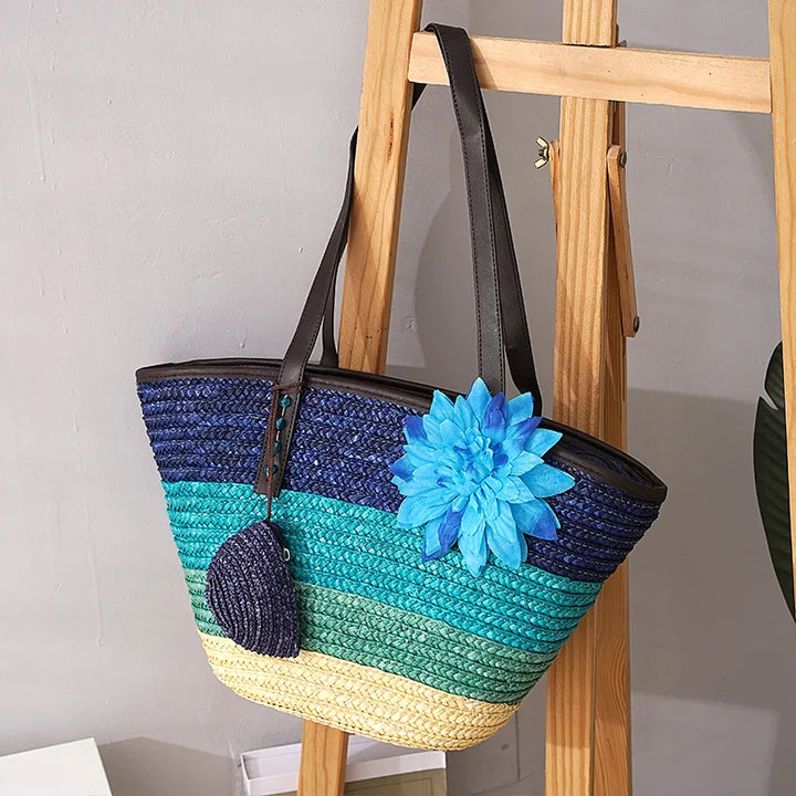 Grande sac en paille pour femmes – Sac de plage fait à la main avec des poignées en cuir vegan