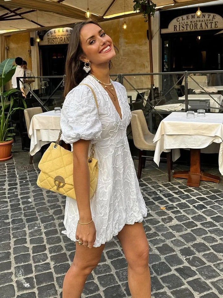 White summer dress with embroidery & ruffles