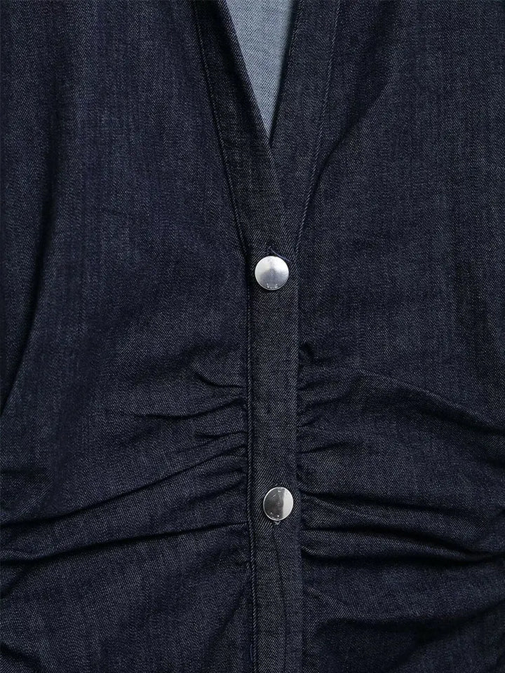 Women's denim midi dress with button placket and waist belt – casual-chic summer dress