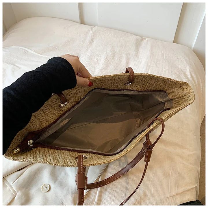 Boho Straw Bag Women – Handmade Beach Bag with Drawstring & Tassels