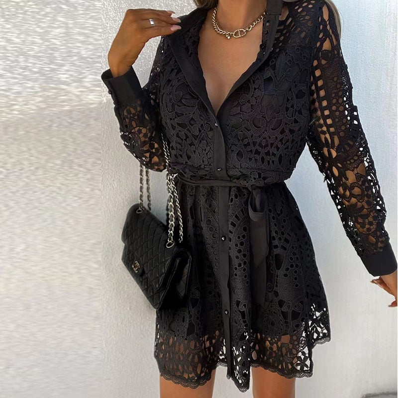 Short lace dress with belt – white, black or gold