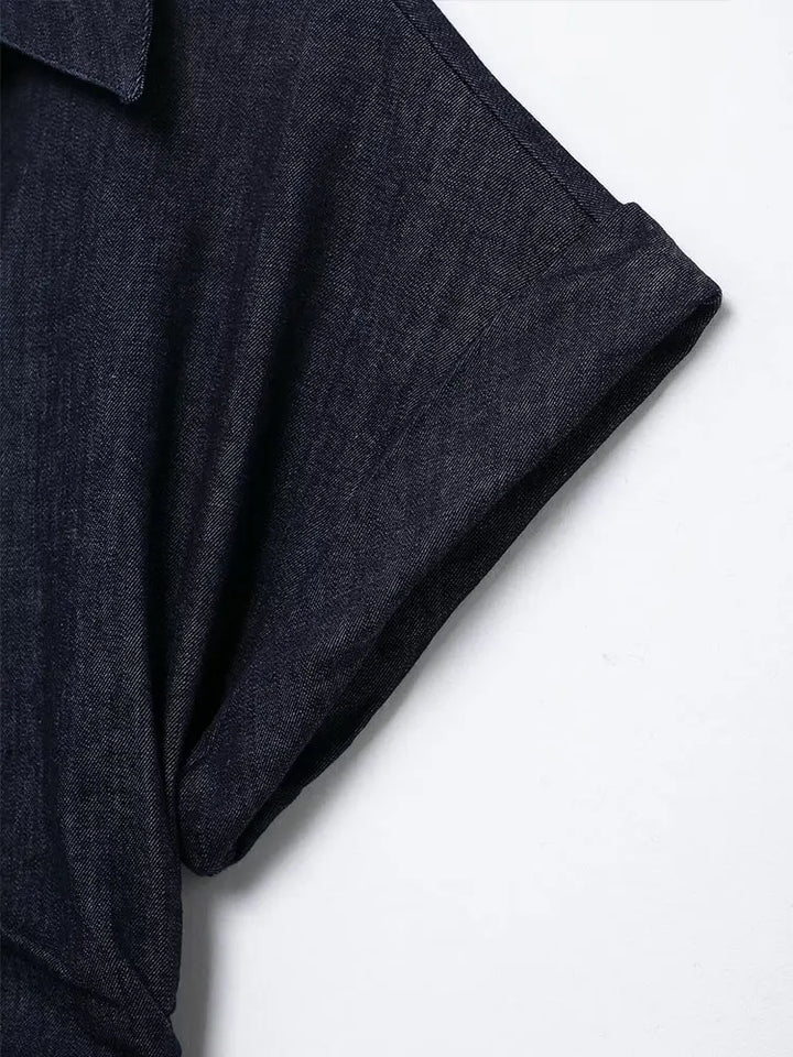 Women's denim midi dress with button placket and waist belt – casual-chic summer dress