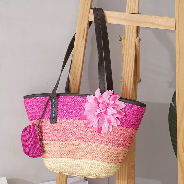 Grande sac en paille pour femmes – Sac de plage fait à la main avec des poignées en cuir vegan