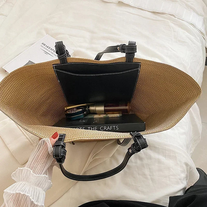 Luxury Boho Straw Bag Women – Handmade Beach Bag with Vegan Leather