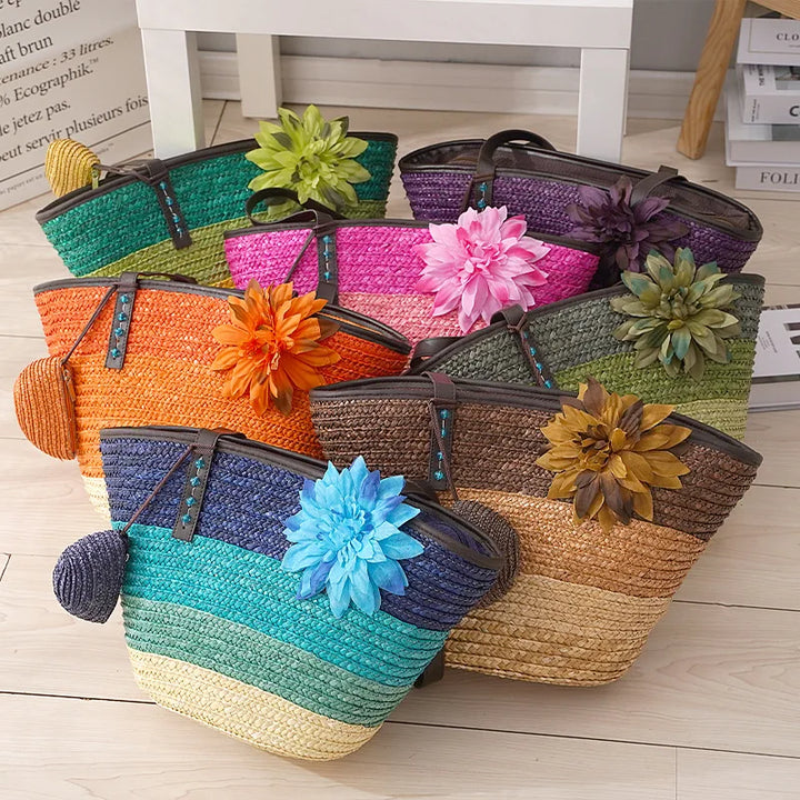 Grande sac en paille pour femmes – Sac de plage fait à la main avec des poignées en cuir vegan