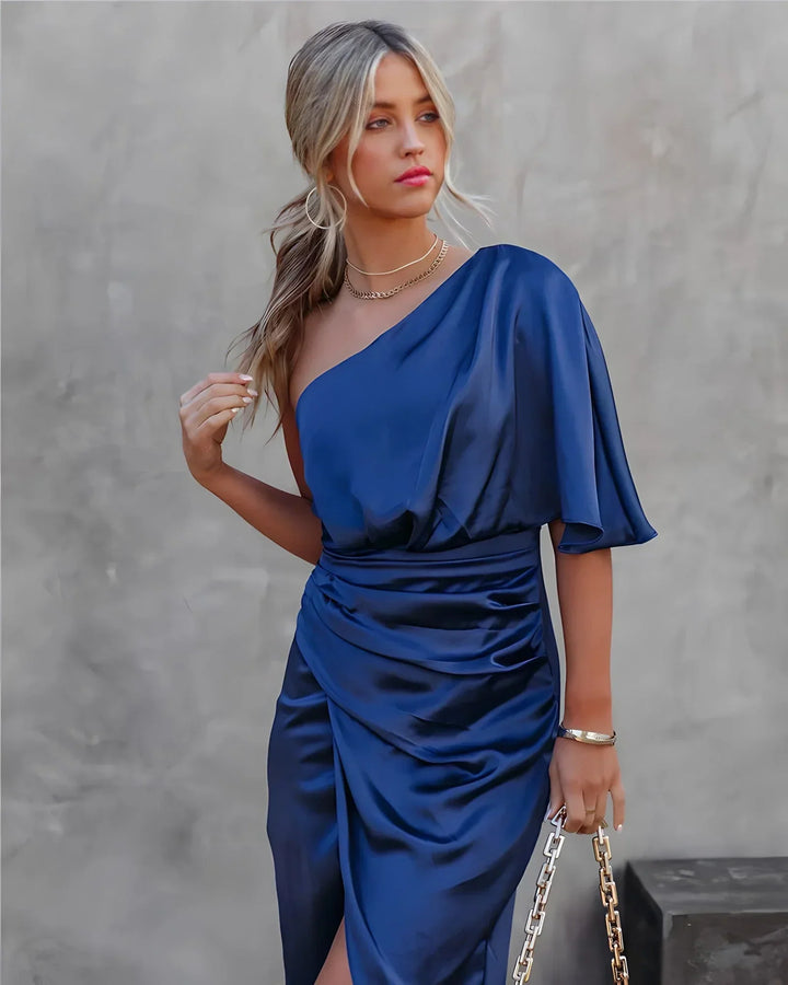 Women's satin dress one-shoulder with slit