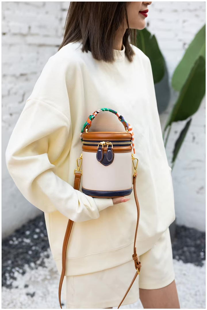 Bucket Bag Women Faux Leather – Cylinder Shape with Scarf Handle