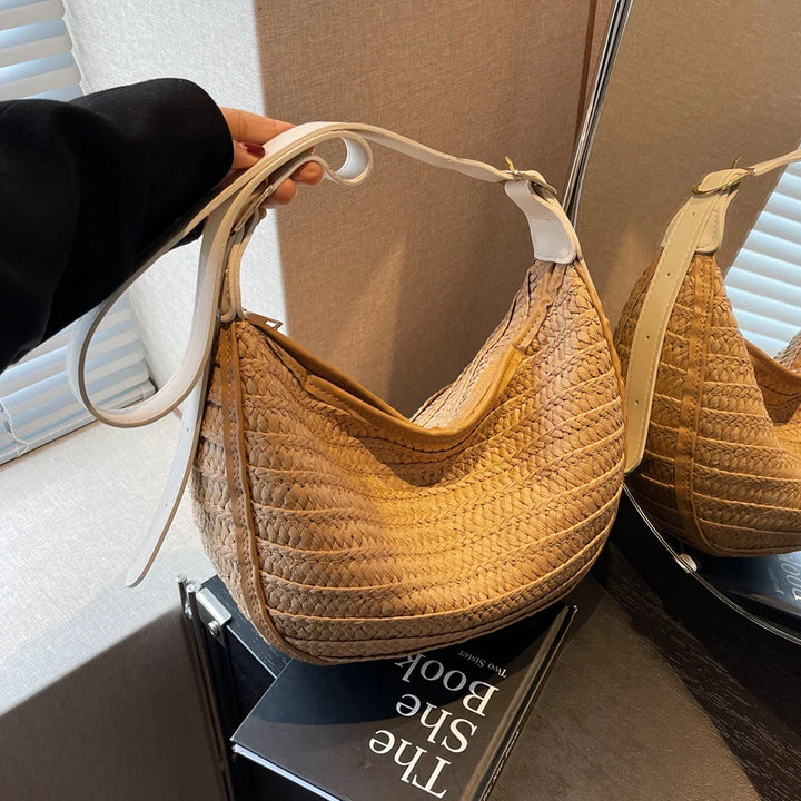 Women's Straw Bag Summer – Handmade Boho Beach Bag with Zipper