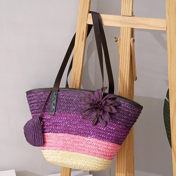 Grande sac en paille pour femmes – Sac de plage fait à la main avec des poignées en cuir vegan