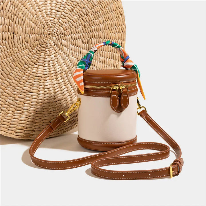 Bucket Bag Women Faux Leather – Cylinder Shape with Scarf Handle