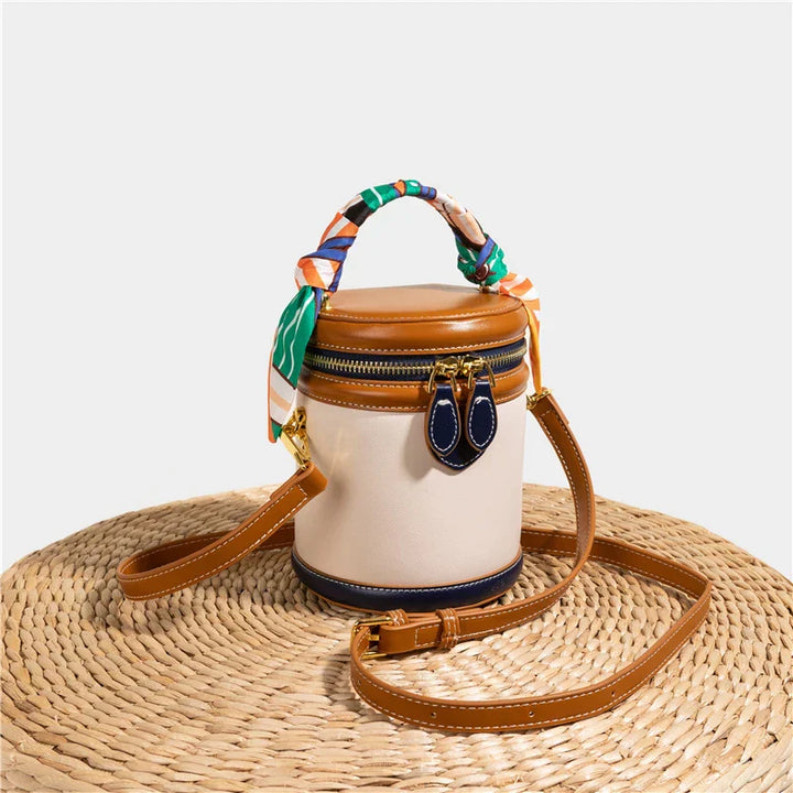 Bucket Bag Women Faux Leather – Cylinder Shape with Scarf Handle