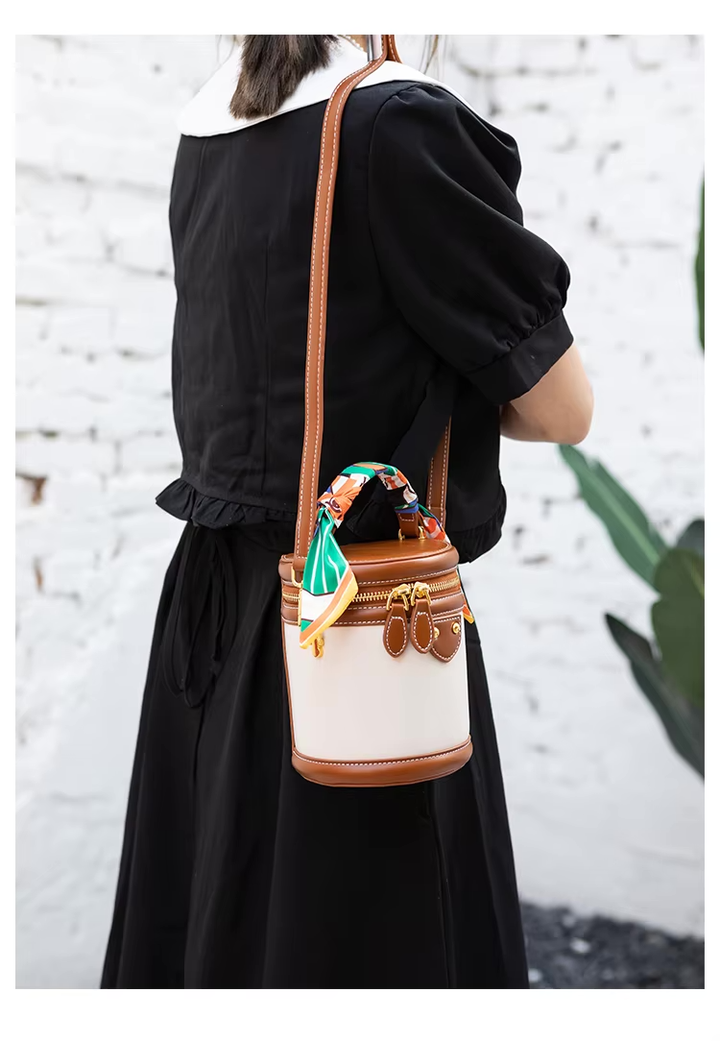 Bucket Bag Women Faux Leather – Cylinder Shape with Scarf Handle