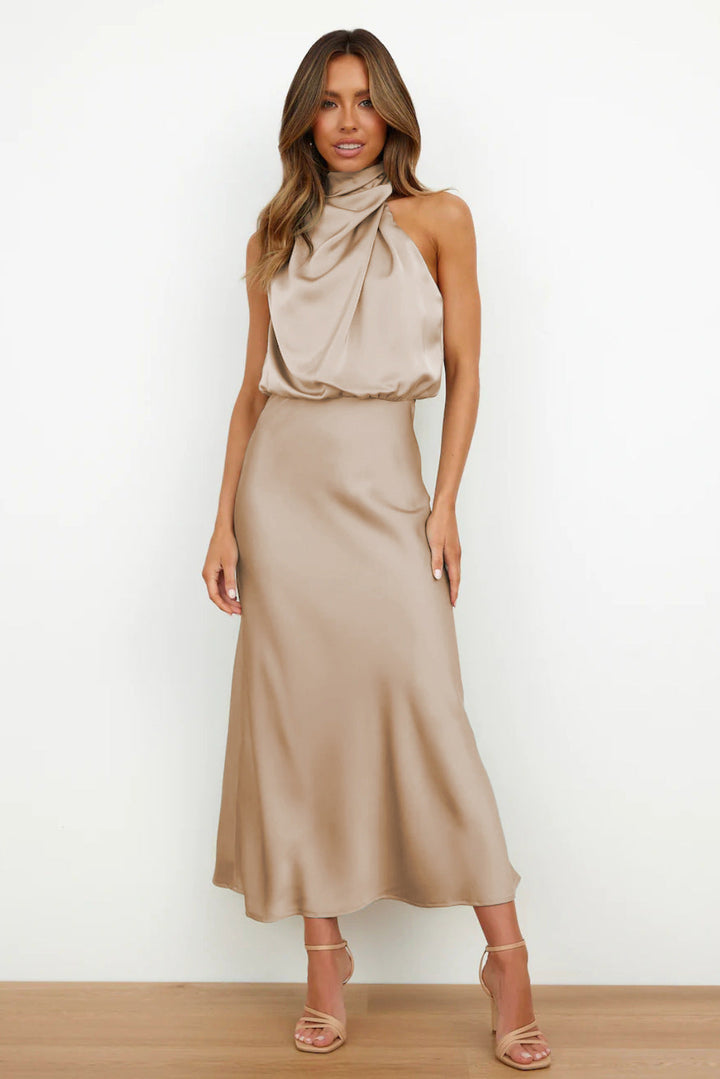 Women's Satin Midi Dress Halterneck Backless Elegant for Party or Evening Occasion
