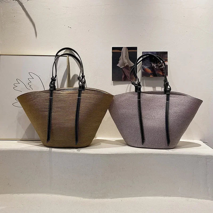 Luxury Boho Straw Bag Women – Handmade Beach Bag with Vegan Leather