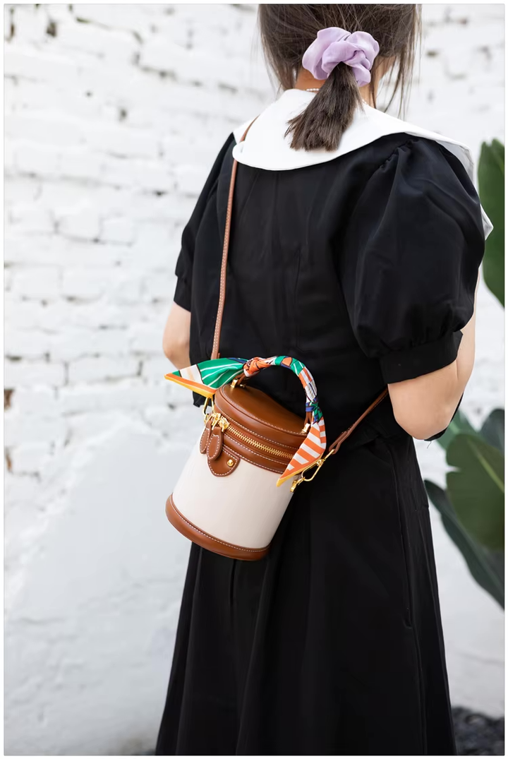 Bucket Bag Women Faux Leather – Cylinder Shape with Scarf Handle