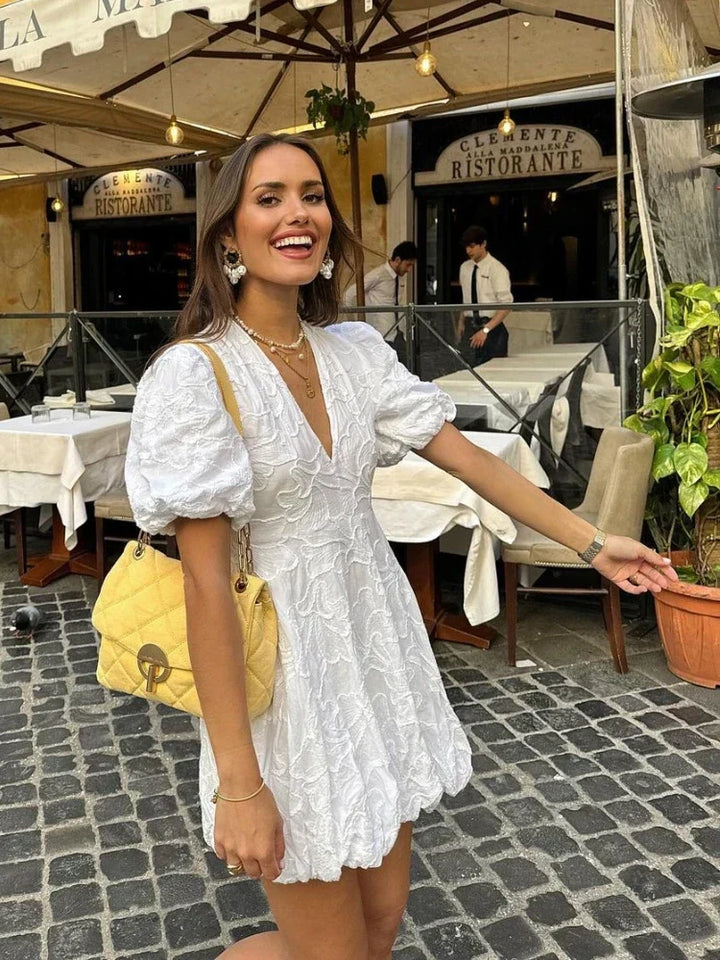 White summer dress with embroidery & ruffles