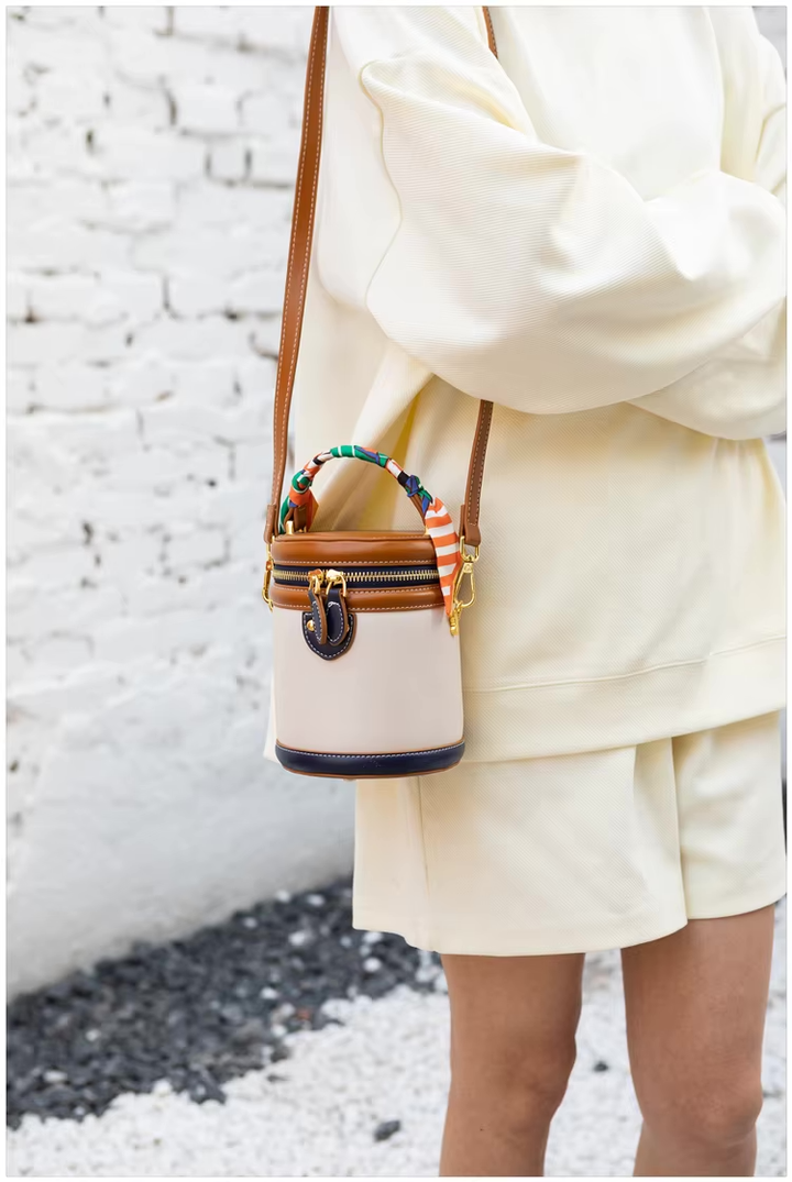 Bucket Bag Women Faux Leather – Cylinder Shape with Scarf Handle