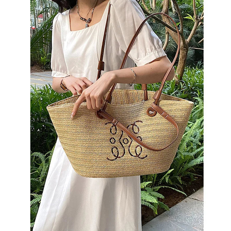 Boho Straw Bag Women – Handmade Beach Bag with Drawstring & Tassels