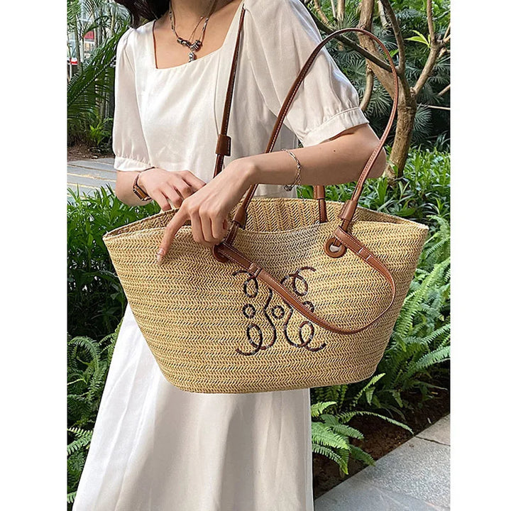 Boho Straw Bag Women – Handmade Beach Bag with Drawstring & Tassels