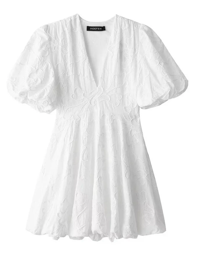 White summer dress with embroidery & ruffles