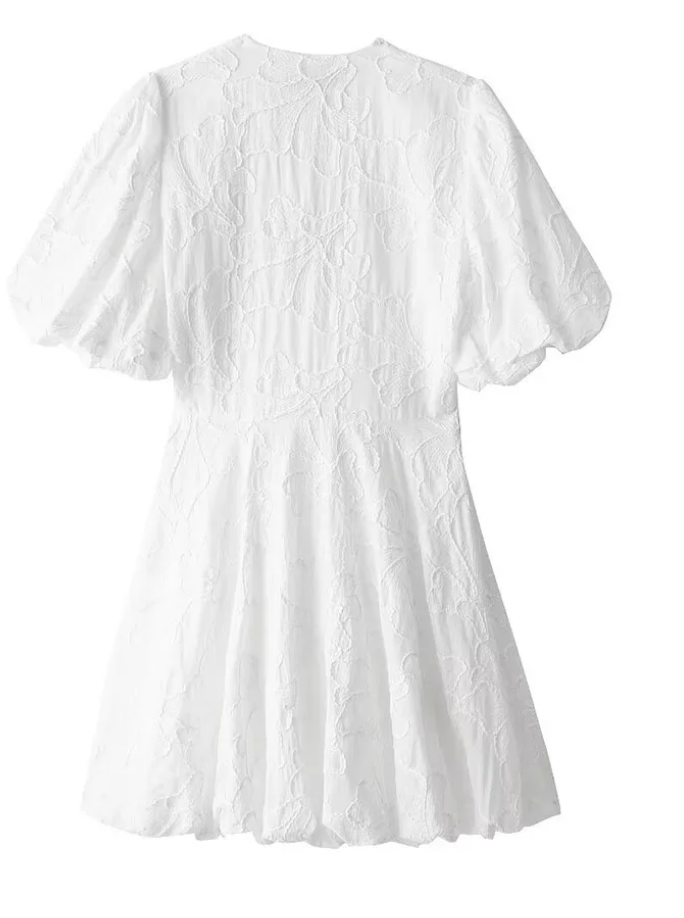 White summer dress with embroidery & ruffles