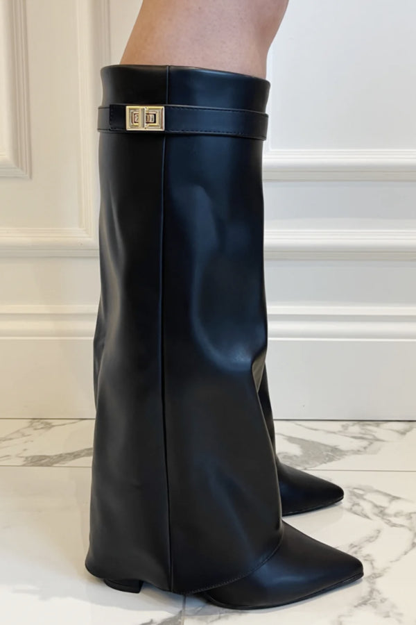 Knee-high women's boots with block heel & flap – vegan leather & suede