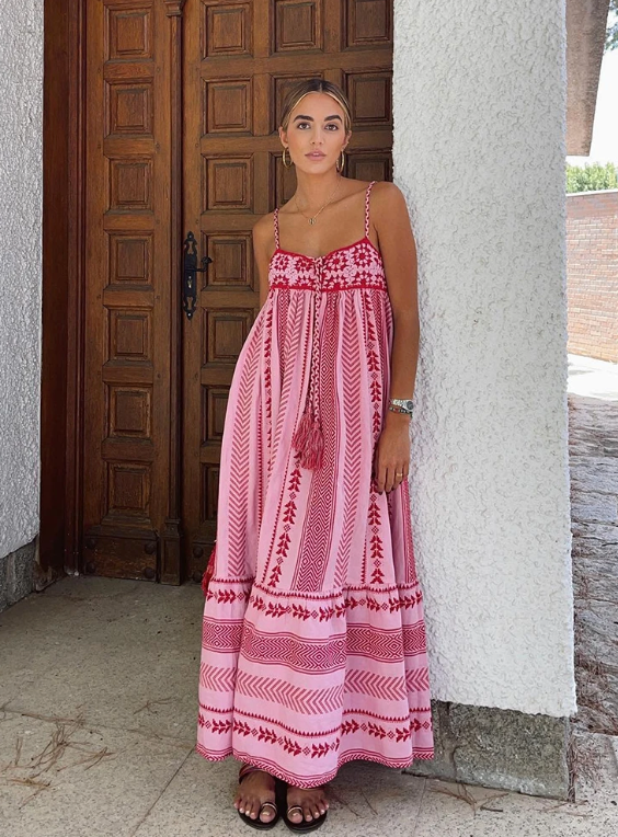 Boho maxi dress with embroidery & spaghetti straps – summer chic
