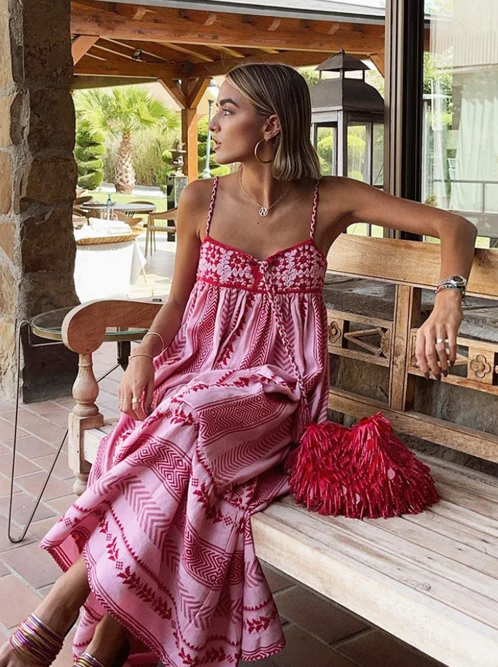 Maxi summer dress made of viscose – A-line, floral pattern, boho style