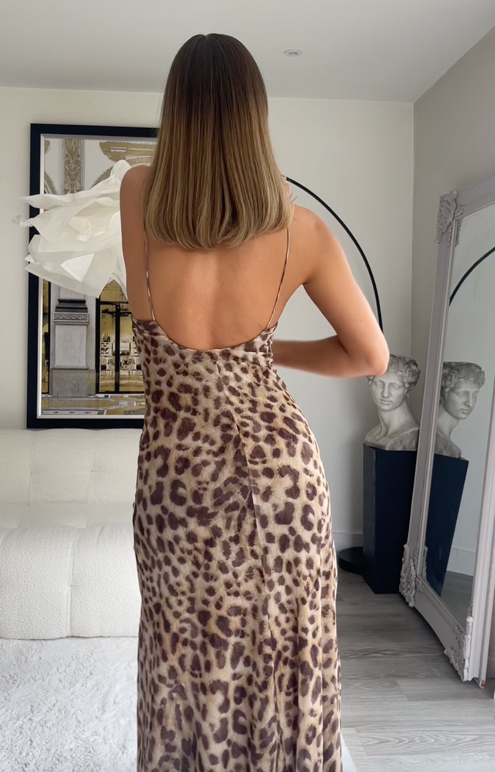 Elegant evening dress for women – satin look, backless, black