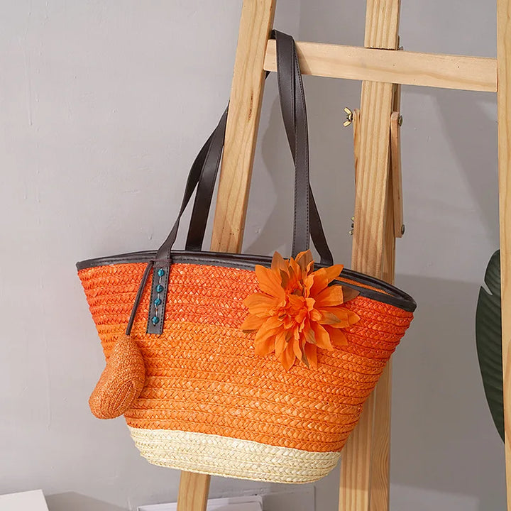 Grande sac en paille pour femmes – Sac de plage fait à la main avec des poignées en cuir vegan