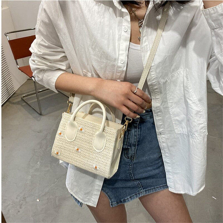 Straw bag for women – Woven handbag with flower accents