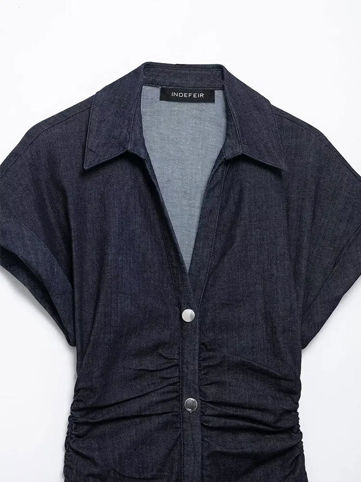 Women's denim midi dress with button placket and waist belt – casual-chic summer dress