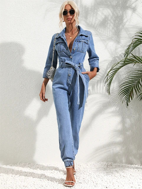 Premium women's denim jumpsuit – sleeveless one-piece overall