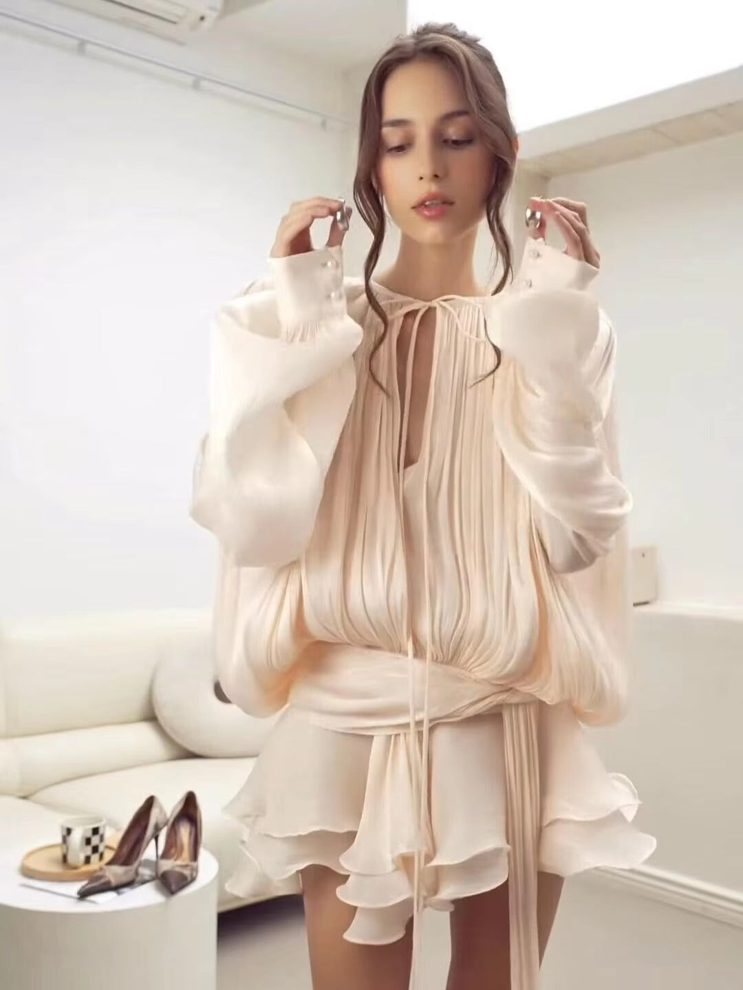 Elegant mini dress for summer – puff sleeves & waist belt, apricot