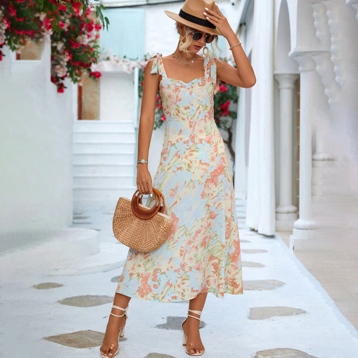 Floral summer midi dress – sleeveless, tie straps, lightweight material