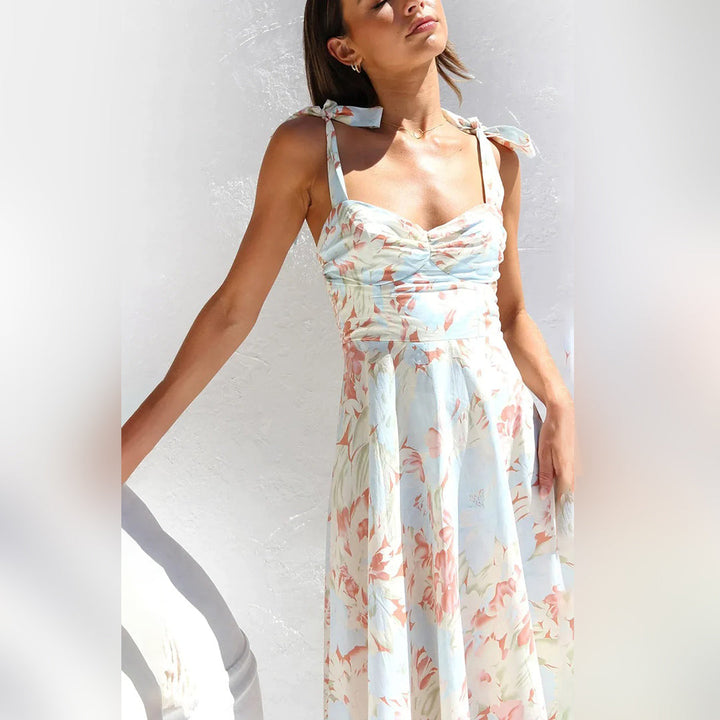 Floral summer midi dress – sleeveless, tie straps, lightweight material