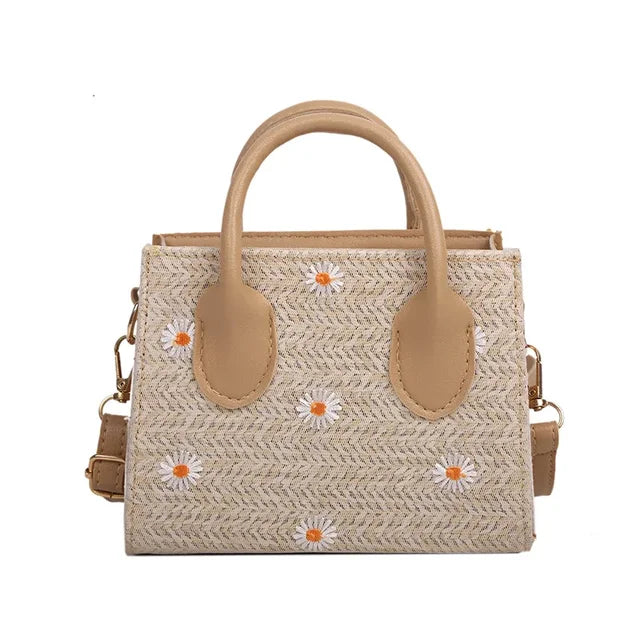 Straw bag for women – Woven handbag with flower accents
