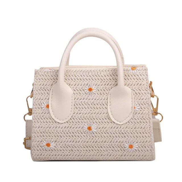 Straw bag for women – Woven handbag with flower accents