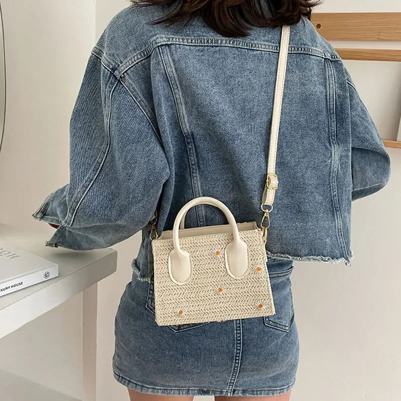 Straw bag for women – Woven handbag with flower accents