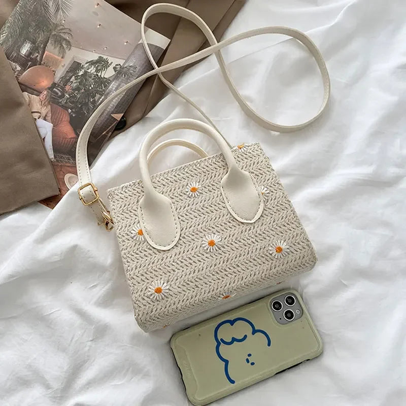 Straw bag for women – Woven handbag with flower accents