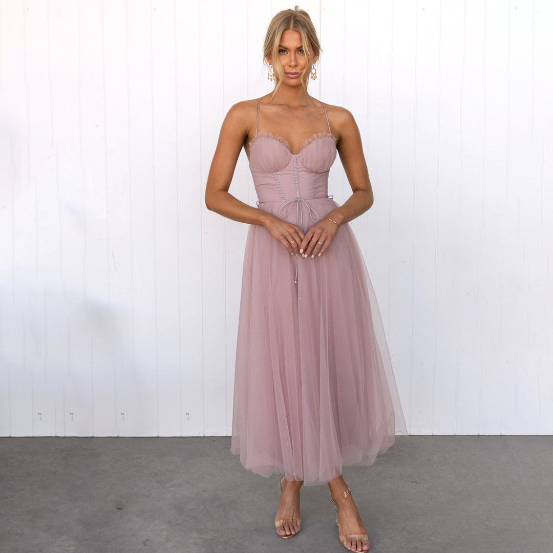 Festive midi cocktail dress | Flowing evening dress with V-neckline