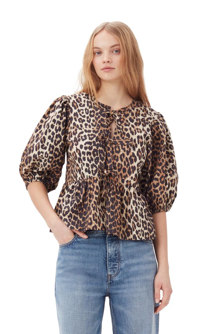 Women's blouse with puff sleeves – leopard print – V-neck – loose fit